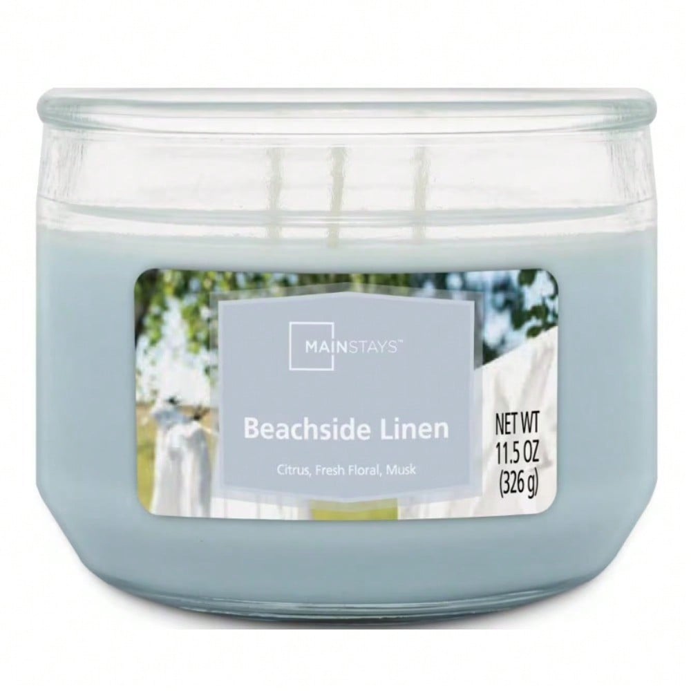 Home Fragrance Fresh Linen - เทียนหอม 3 ไส้ในขวดแก้ว กลิ่นบีชไซด์ลินิน หอมสดชื่นสไตล์ชายฝั่ง ภาชนะแก้วตกแต่งสีฟ้า