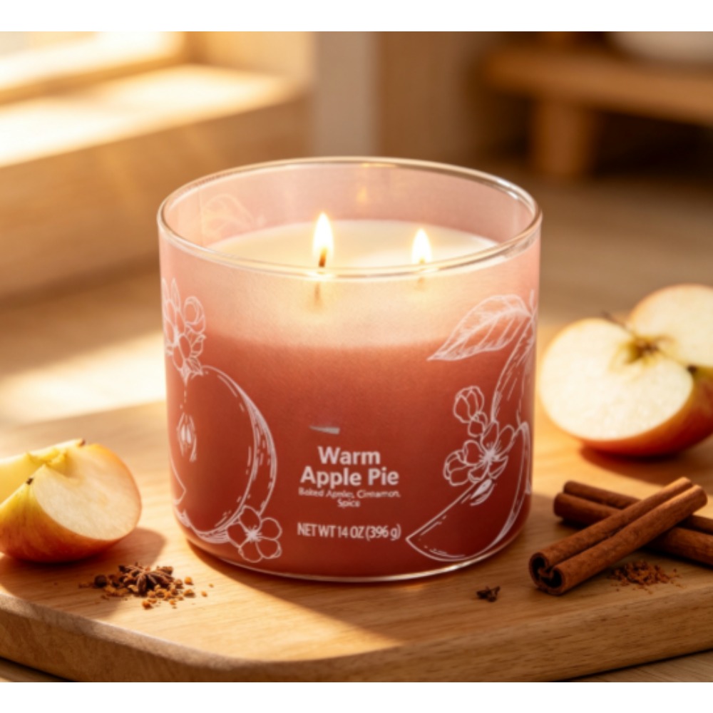 Home Fragrance Jar - เทียนหอมกลิ่นพายแอปเปิลอุ่นๆ ดีไซน์ห่อแบบไล่เฉดสี ไส้เทียนสามชั้น ขนาด 14 ออนซ์