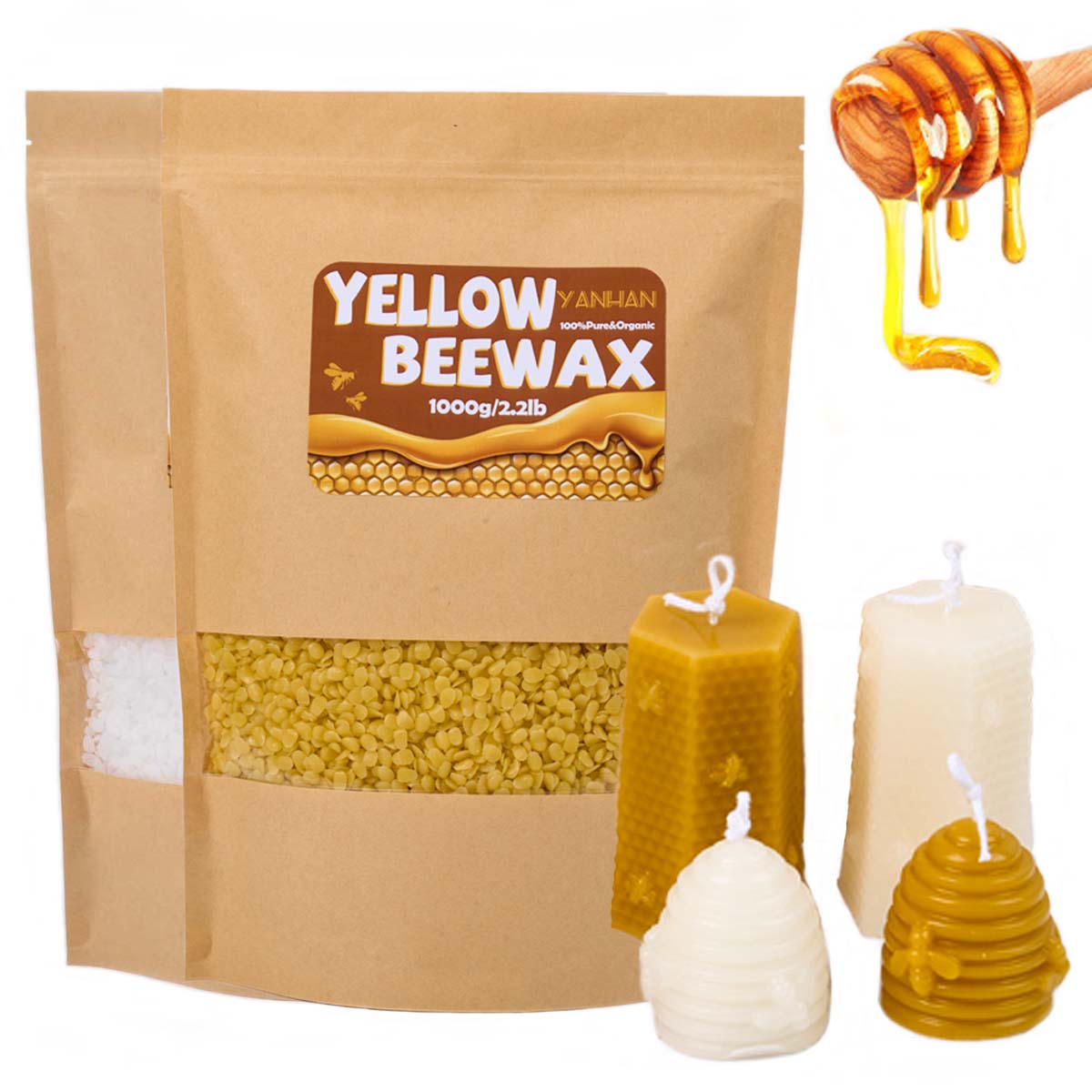 Beeswax Taper Candle - 1000g เม็ดธรรมชาติบริสุทธิ์สีขาวสีเหลืองขี้ผึ้ง DIY Handmade ของขวัญเทียนหอมเทียนวัตถุดิบหัตถกรรมอุปกรณ์