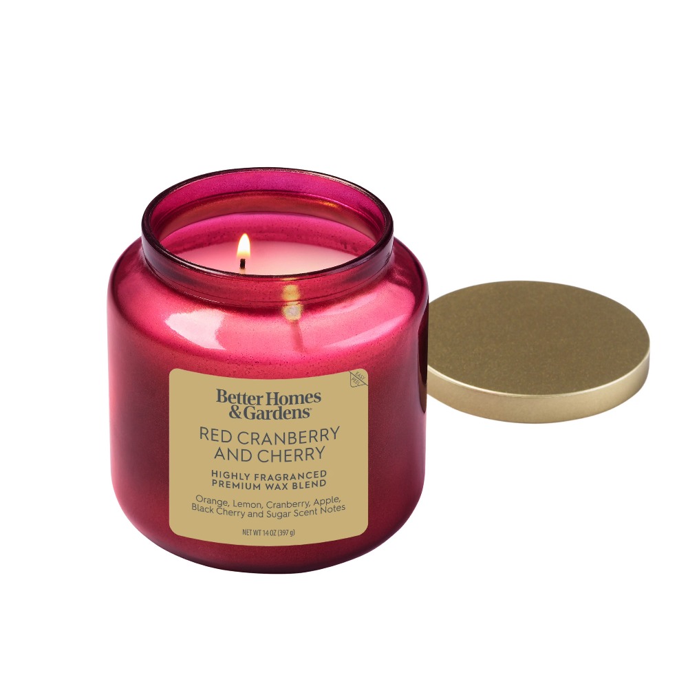 Home Fragrance Jar - เทียนหอมในโถแก้วสีแดง ฝาสีทอง กลิ่นแครนเบอร์รี่เชอร์รี่ ของตกแต่งบ้าน ขนาด 14